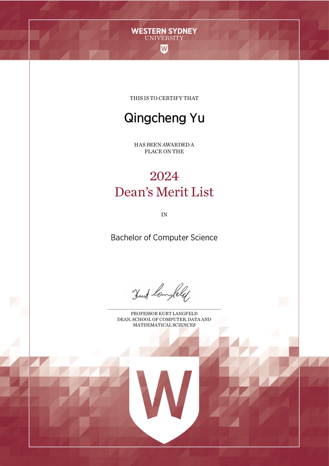 西悉尼大学 2024 年 Dean's Merit List 证书，计算机、数据与数学科学学院院长签发