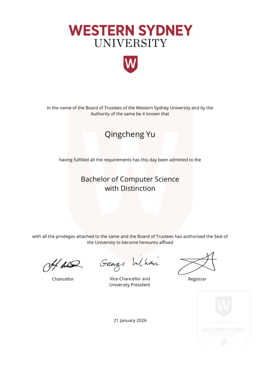 西悉尼大学学位证书：Bachelor of Computer Science with Distinction，2026 年 1 月 21 日授予